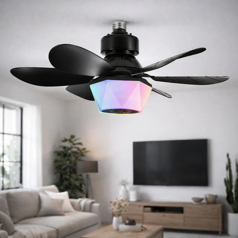 Abanico De Techo 20” Con Socket E27, Luz LED RGB Y 3 Tonos, Bocina Bluetooth. Ventilador Con 6 Aspas, 1600 Lúmenes Y Control Remoto. Color Negro. ELT0405