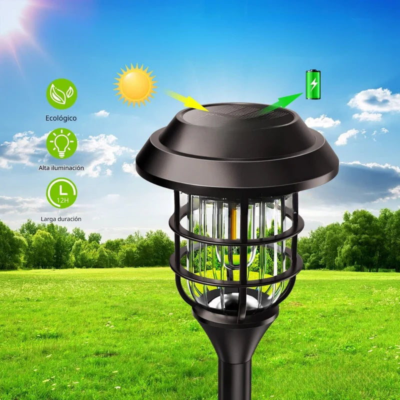 Lampara Solar Para Césped Tipo Estaca LED. (Pack De 8) Lampara Negra Con Panel Solar Integrado. Para Jardín. (Luz Cálida). Foco TU058