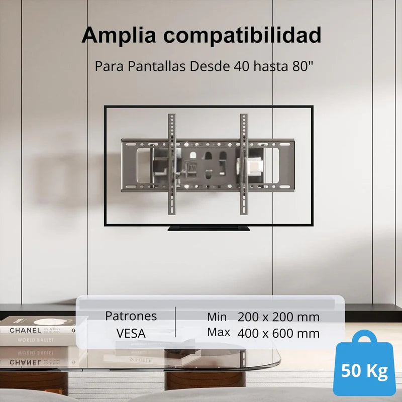 Soporte De TV Ajustable Para Pantallas De 40-80'' Con Inclinación ±15° Y VESA 200X200 Hasta 400X600mm. Brazo Doble Telescópico Para Televisor TU107