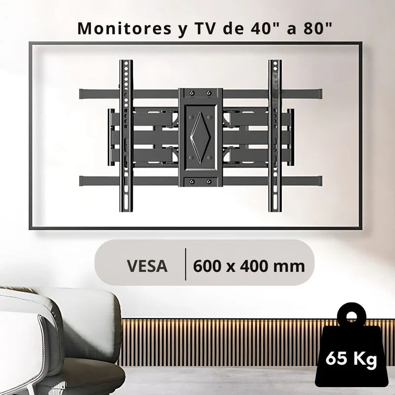 Soporte De TV Ajustable Telescópico Para Pantallas 40-80” Con Inclinación ±5°. VESA 600×400 Mm. Brazo Giratorio Para Monitor. TU108