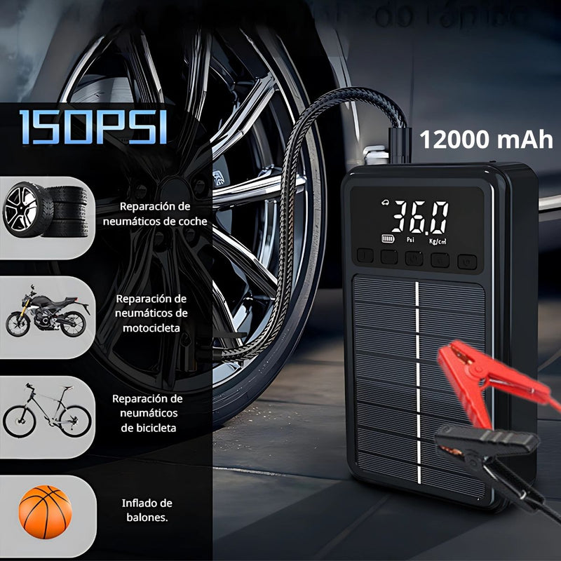 Jumper Arrancador Portátil De Batería De Carga Solar Con Compresor De Aire. Batería Auxiliar 12000Mah Con Cargador TIPO C. TU117