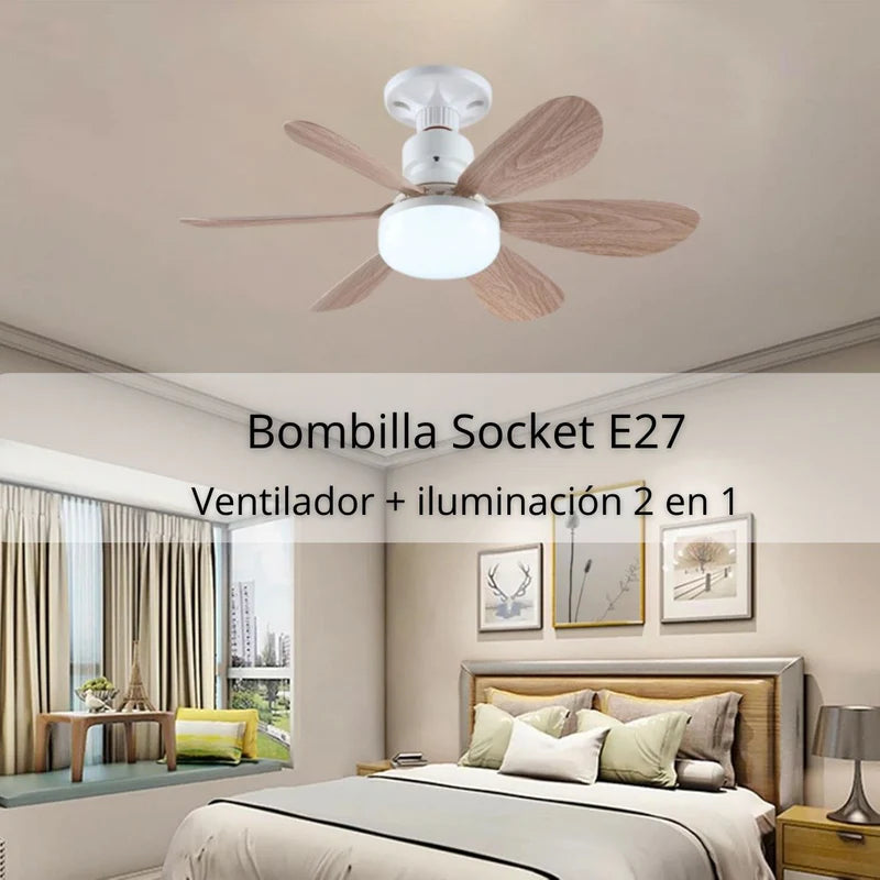 Abanico De Techo De Madera Socket E27 Con Luz Led Regulable 3000-6500K. Ventilador 3 Velocidades, 6 Aspas Y Control Remoto. 520X185mm. TU121