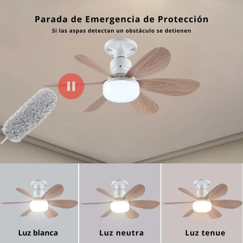 Abanico De Techo De Madera Socket E27 Con Luz Led Regulable 3000-6500K. Ventilador 3 Velocidades, 6 Aspas Y Control Remoto. 520X185mm. TU121