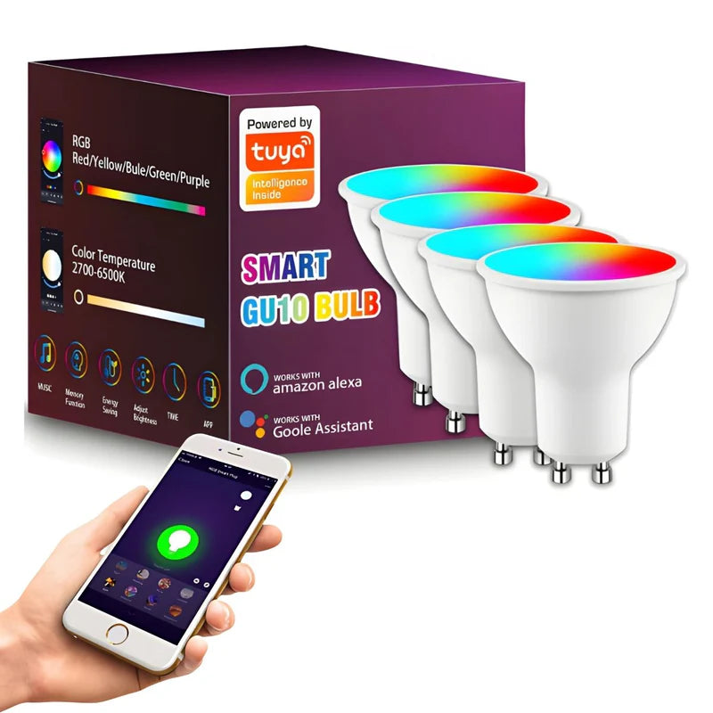 Foco LED Inteligente GU10 RGB Con App Y Control Remoto 5W. Bombilla Regulable Con Wifi+Bluetooth Compatible Con Alexa Y Google Assistant. Bombillos TU173