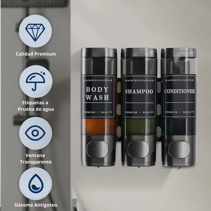 Dispensador De Jabón Triple, Champú Y Acondicionador De Pared Para Baños, Hoteles Air B&B. Color Gris. TU189