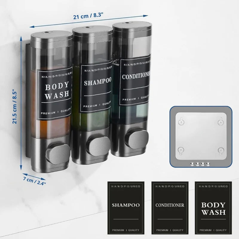 Dispensador De Jabón Triple, Champú Y Acondicionador De Pared Para Baños, Hoteles Air B&B. Color Gris. TU189