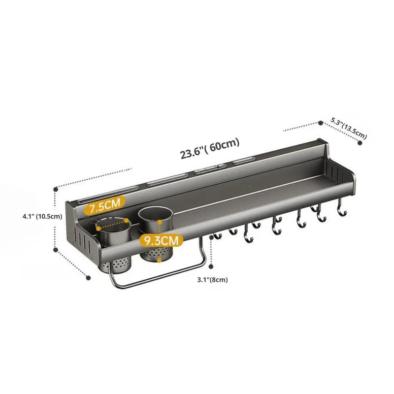 Organizador De Cocina De Pared De Aluminio Especial Con Repisa Y Ganchos. Estante Flotante Multiuso 23.6X5.3" (60X13.5Cm) TU465 Selecto