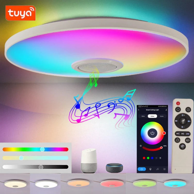 Lámpara De Techo Led Inteligente RGB Con Bocina Wifi Bluetooth Con Control Remoto Y App Tuya 36W 11.8” (30Cm). Cobertura 5-10M². TU585