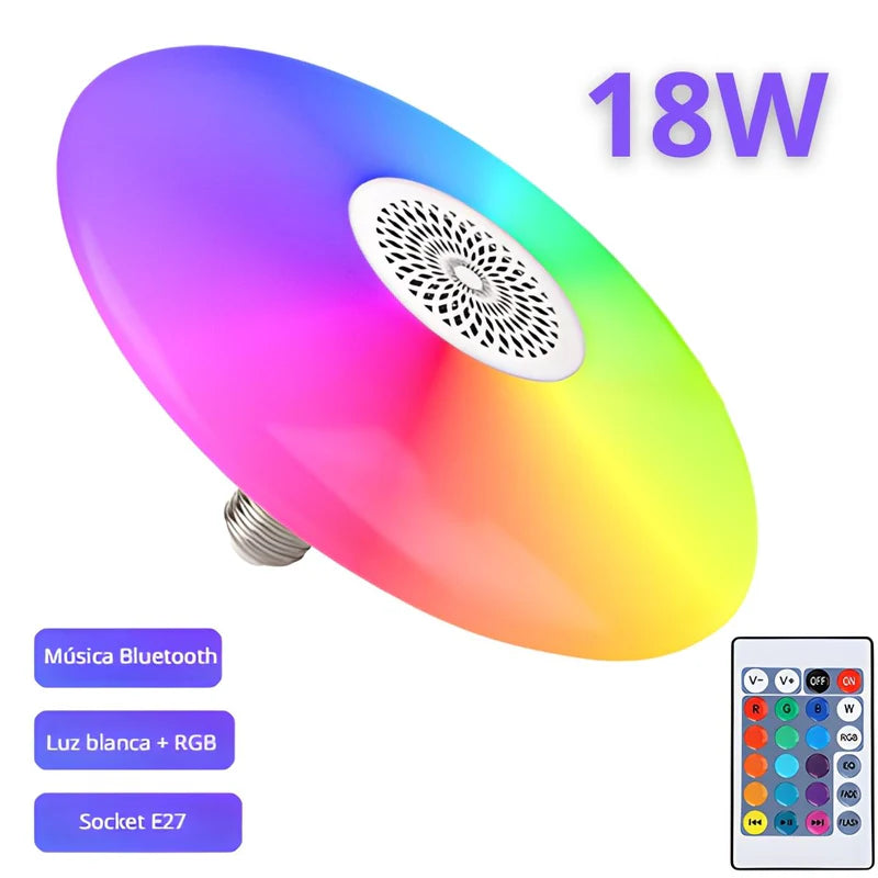 Foco LED RGB Y Luz Blanca 6500K Bluetooth Con Bocina. Lámpara Socket E27 Con Control Remoto. Bombillo Para Salas, Habitaciones, Gamers. 18W.6.3” (16CM) TU586