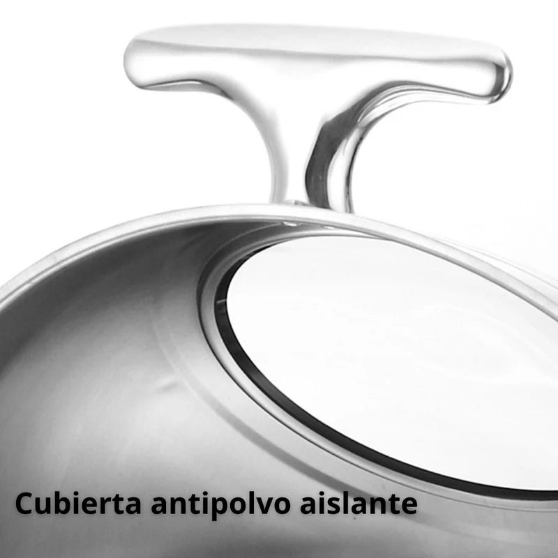 Chafing Dish Redondo De Acero Inoxidable Engrosado Con Tapa Abatible Completa 18X18x19” (46X46x49cm) Con Calentador De Alcohol Para Hoteles, Restaurantes, Buffets, Catering. 6 Litros TU750