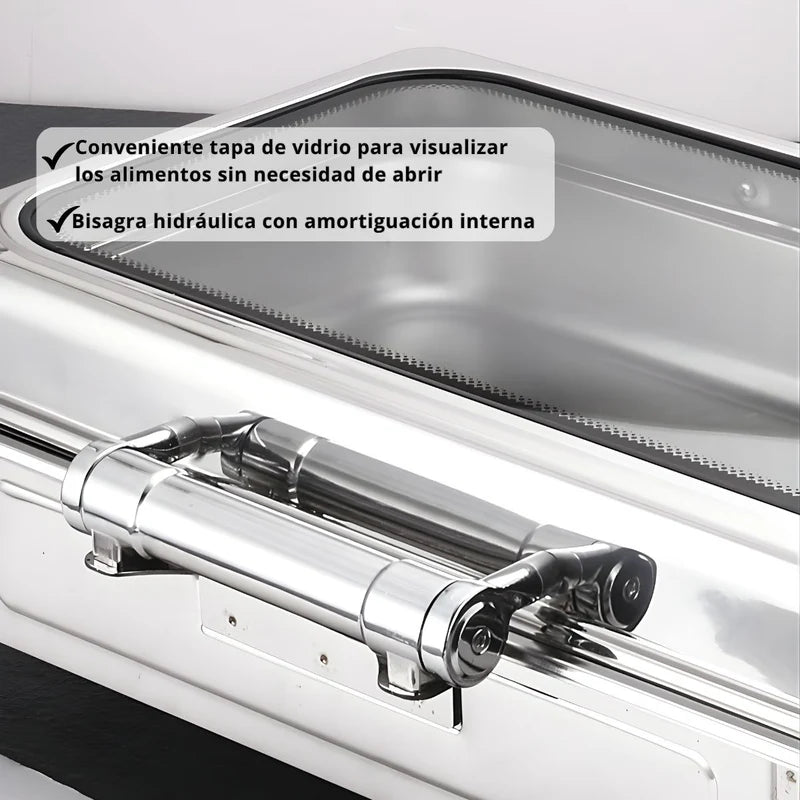 Chafing Dish Rectangular De Acero Inoxidable Con Tapa Hidraulica Cierre Suave De Vidrio 22X16x11" De 1 Compartimiento Calentamiento Por Alcohol Para Hoteles, Restaurantes, Buffets, Catering. TU751 Selecto