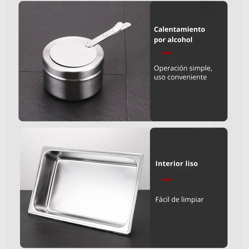Chafing Dish Rectangular De Acero Inoxidable Con Tapa Hidraulica Cierre Suave De Vidrio 22X16x11" De 1 Compartimiento Calentamiento Por Alcohol Para Hoteles, Restaurantes, Buffets, Catering. TU751 Selecto