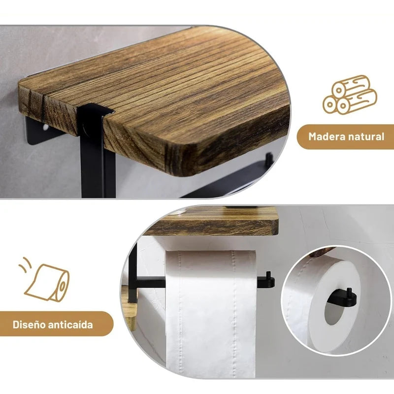 Portarrollos De Papel Higiénico De Madera Con Hierro. Soporte De Papel Sanitario Con Repisa. Porta Papel. TU788
