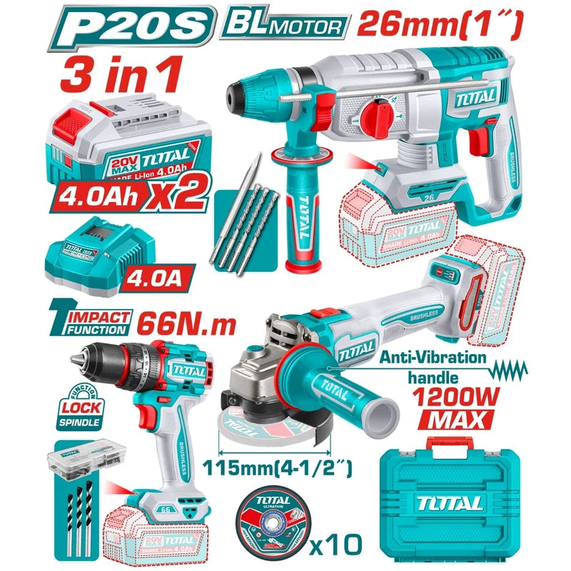Combo Del Mes Total Inalámbrico. Drill Taladro De Impacto 66 Nm 30000 Bpm, Amoladora Angular 1200W 4, Martillo Rotativo 2.5 J SDS Plus. Incluye Cargador Y Baterías. POCAS UNIDADES. UTCKLI202598