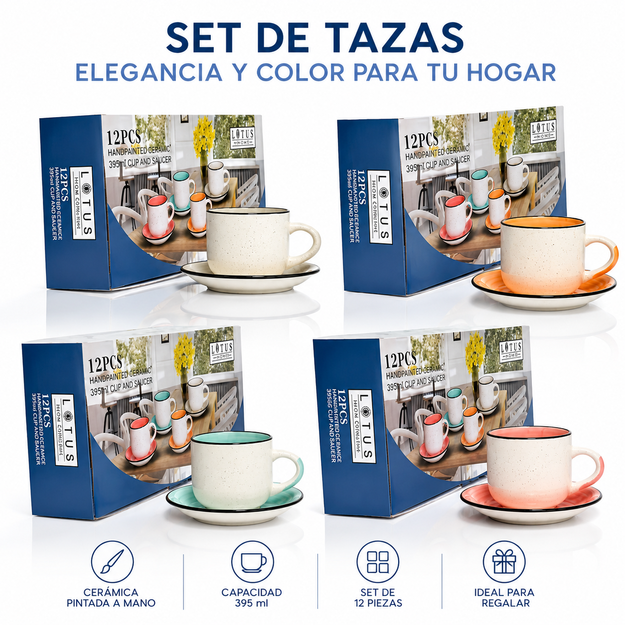 Set de 12 Piezas de Tazas con Platos de Porcelana Lotus SET-350CC-0484