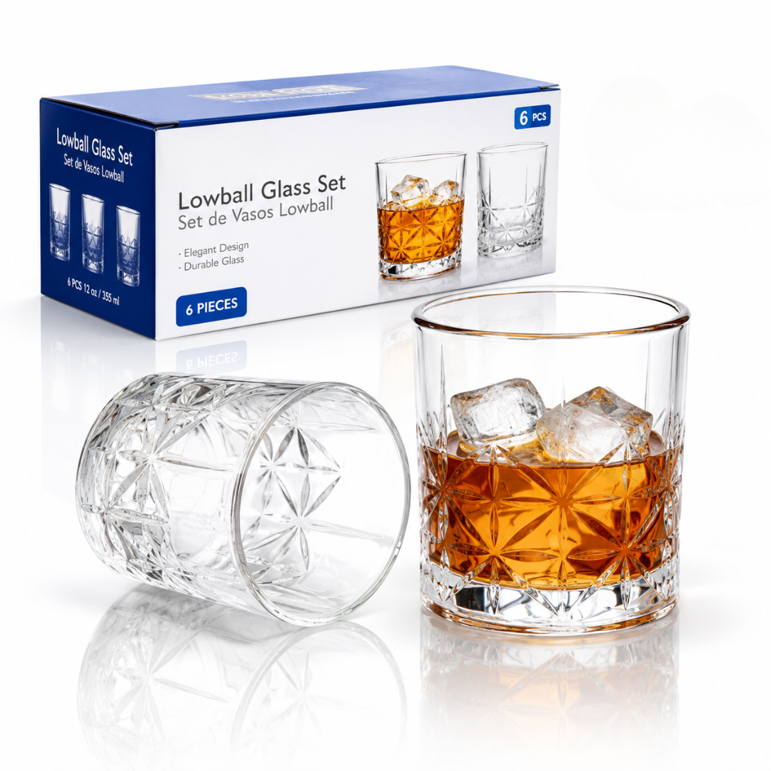 (LLEGANDO 7 DE AGOSTO) Set de Vasos Lowball de Vidrio 12 oz (355 ml) 6 Piezas | Vasos para Whisky, Ron, Cócteles y Bebidas | LHC-B108012