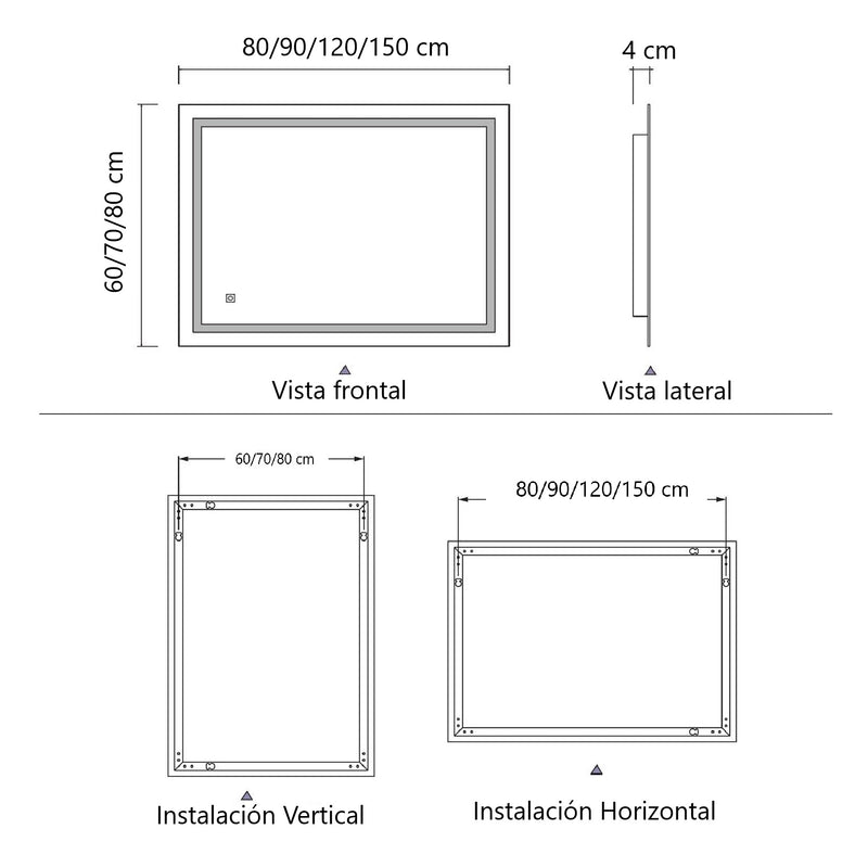 Espejo LED Rectangular 80X120 Cm Con Luz LED De 3 Tonos Botón Táctil Funciona Para Instalación Vertical Y Horizontal GMIRROR08 Selecto