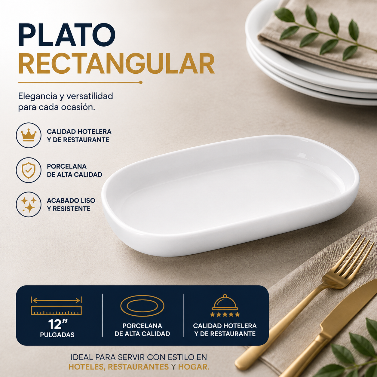 Plato Rectangular de Porcelana Blanco 12” – Calidad Hotelera y Restaurante – 705-40071