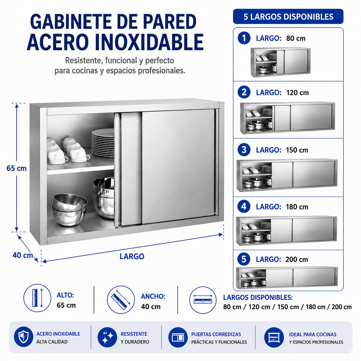 (LLEGANDO 30 DE SEPT) Gabinete de Pared de Acero Inoxidable con Puertas Corredizas | 5 Tamaños Disponibles | 80cm (340402D) / 120cm (340404D) / 150cm (340406D) / 180cm (340408D) / 200cm (340409D)