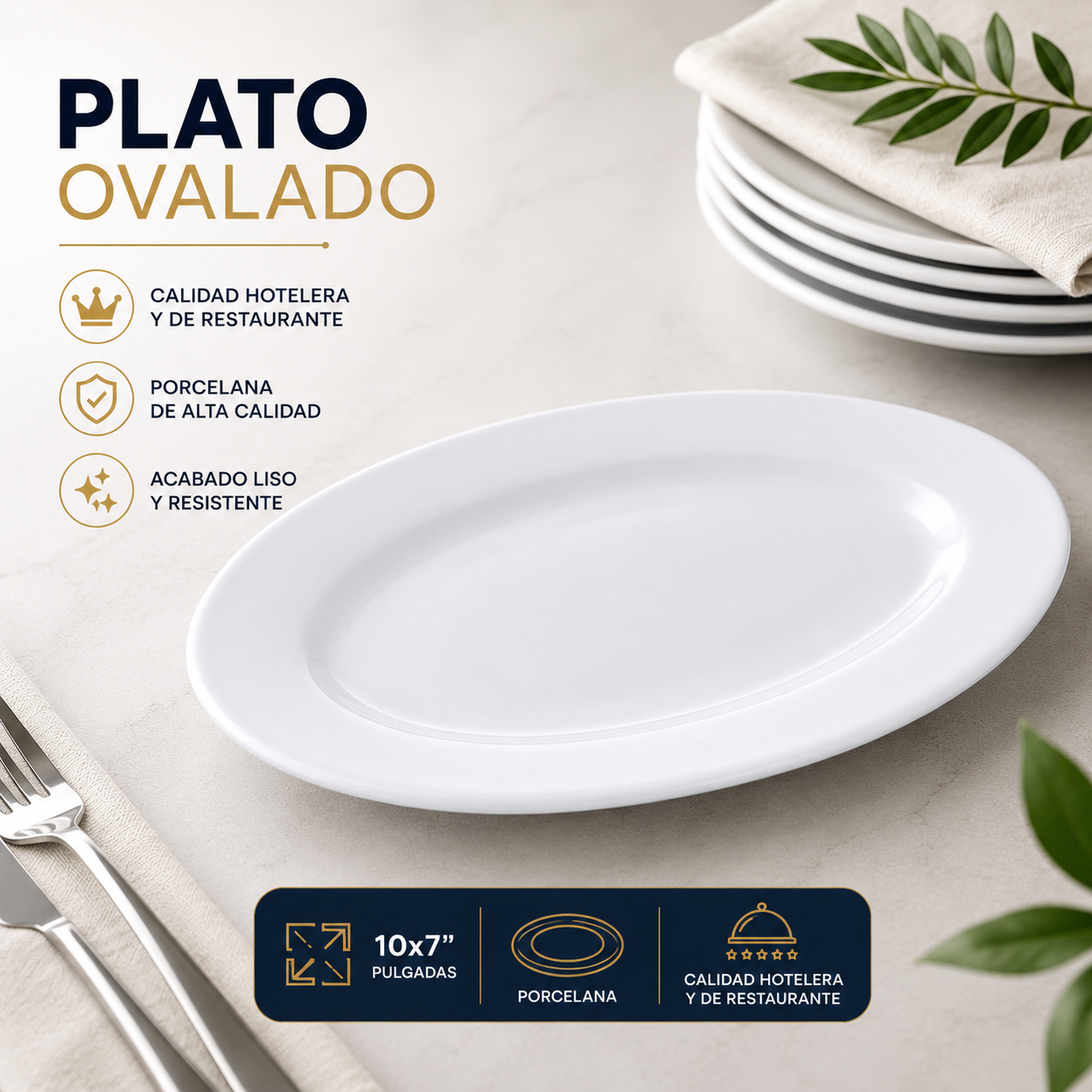 Plato Ovalado de Porcelana Blanco 10×7” – Calidad Hotelera y Restaurante – 705-1444817