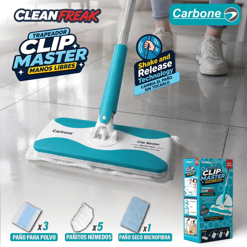 Trapeador Plano Clipmaster Pro. Carbone Clean Freak Mopa 360° Y Mango Largo. Incluye 5 Pañitos Húmedos, 3 Paños Para Polvo Y 1 Paño Seco De Microfibra. Tecnología Shake & Release UN-C030