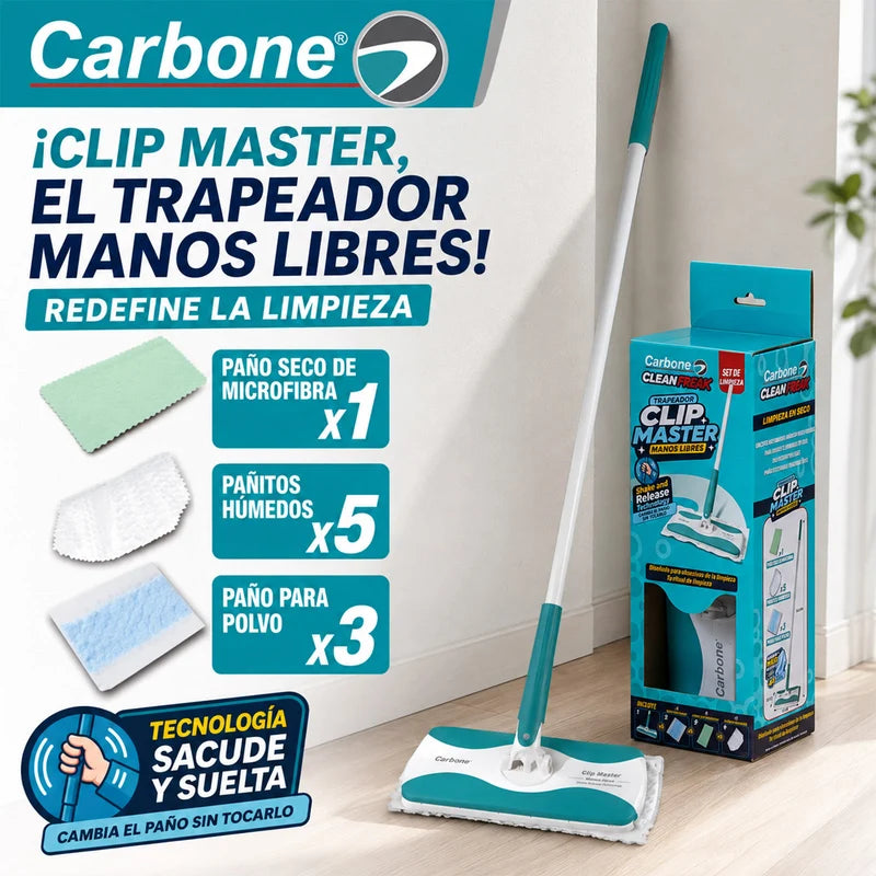 Trapeador Plano Clipmaster Pro. Carbone Clean Freak Mopa 360° Y Mango Largo. Incluye 5 Pañitos Húmedos, 3 Paños Para Polvo Y 1 Paño Seco De Microfibra. Tecnología Shake & Release UN-C030