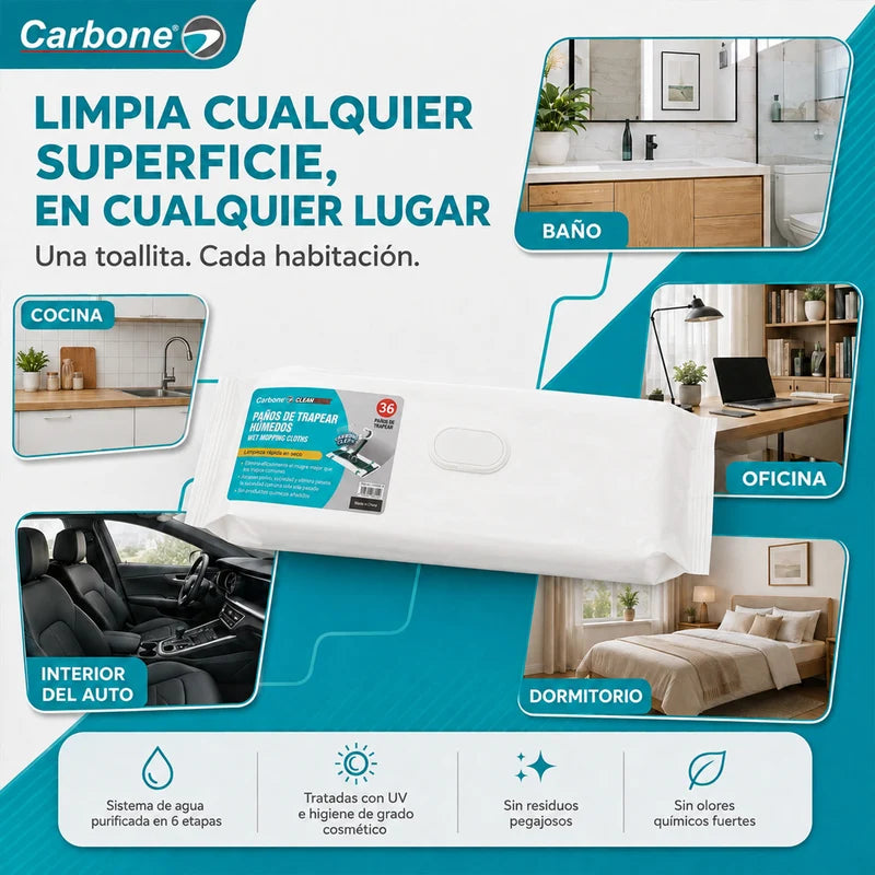 Repuesto Paños Húmedos Para Trapeador Con Mopa Carbone Clean Freak Clipmaster Pro (UN-C030). Pack De 36 Paños Para Limpieza De Pisos. UN-C031
