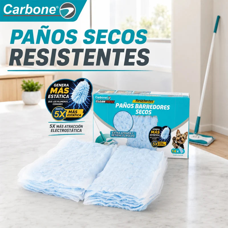 Repuesto Paños Barredores Secos Carbone Clean Freak Para Trapeador Clipmaster Pro Con Mopa. Pack De 14 Paños Atrapa Polvo Y Pelos De Mascotas. Compatible Con UN-C030. UN-C032