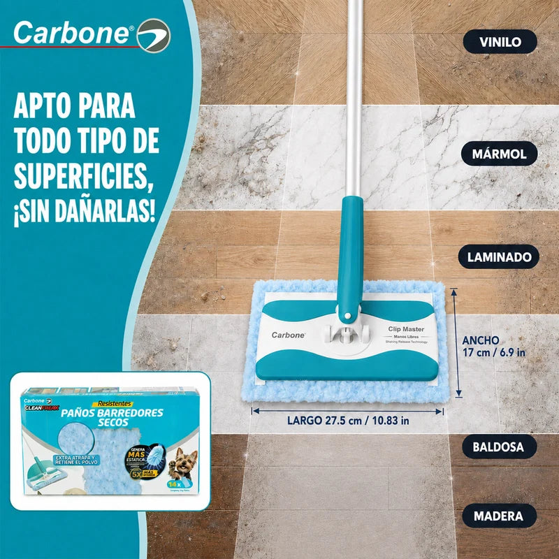 Repuesto Paños Barredores Secos Carbone Clean Freak Para Trapeador Clipmaster Pro Con Mopa. Pack De 14 Paños Atrapa Polvo Y Pelos De Mascotas. Compatible Con UN-C030. UN-C032