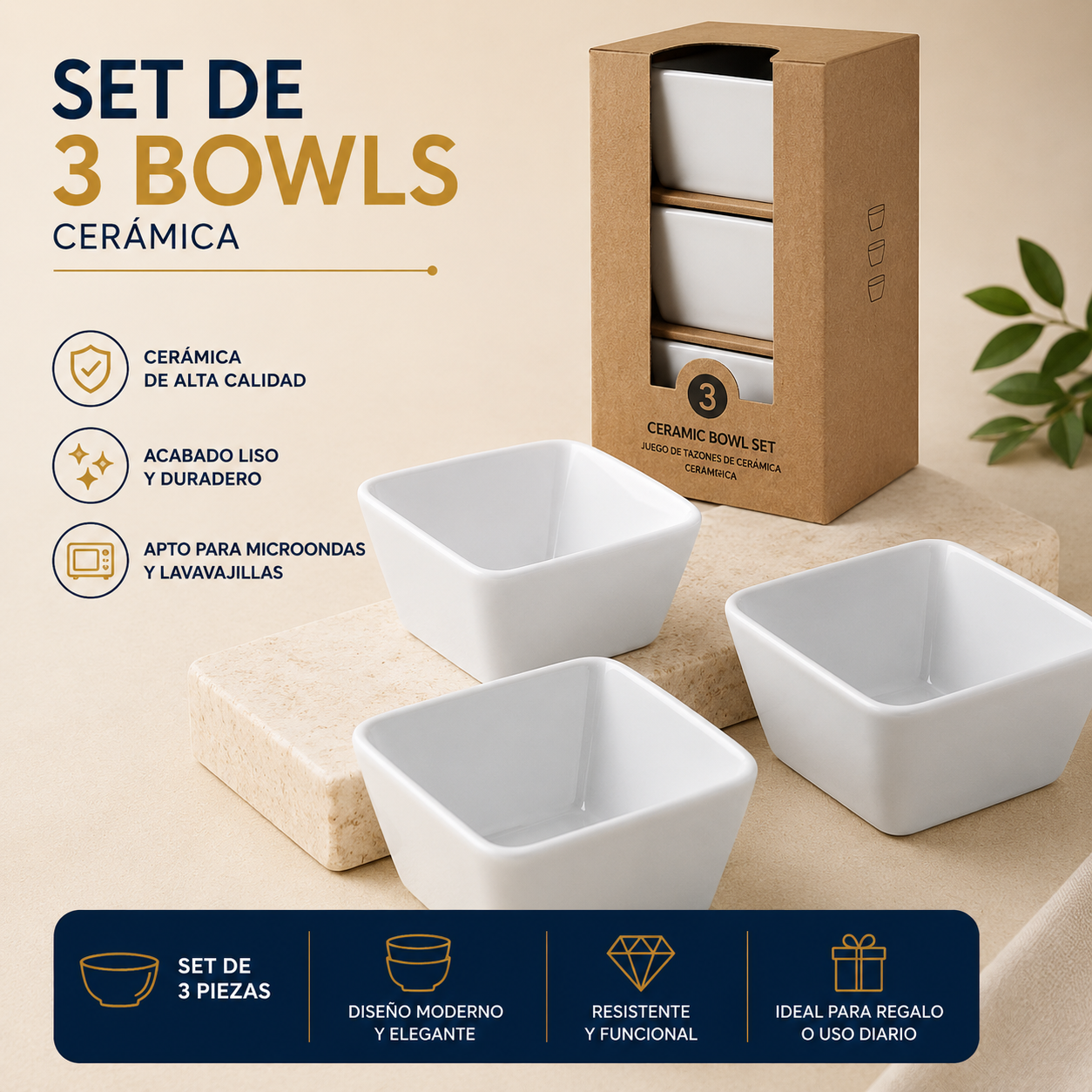 Set de 3 Bowls Ramekin Cuadrados de Cerámica Blanco – 705-2404013