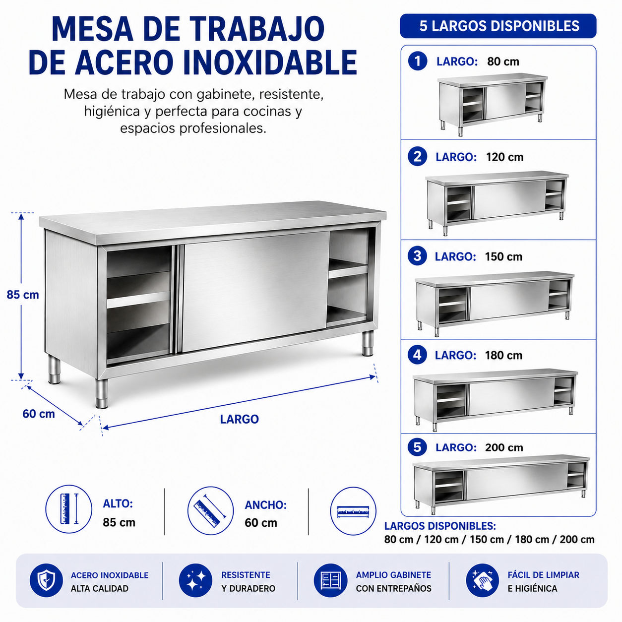 (LLEGANDO 30 DE SEPT) Mesa de Trabajo de Acero Inoxidable con Gabinete | 5 Tamaños Disponibles | 80cm (340100) / 120cm (340102) / 150cm (340104) / 180cm (340106) / 200cm (340107)