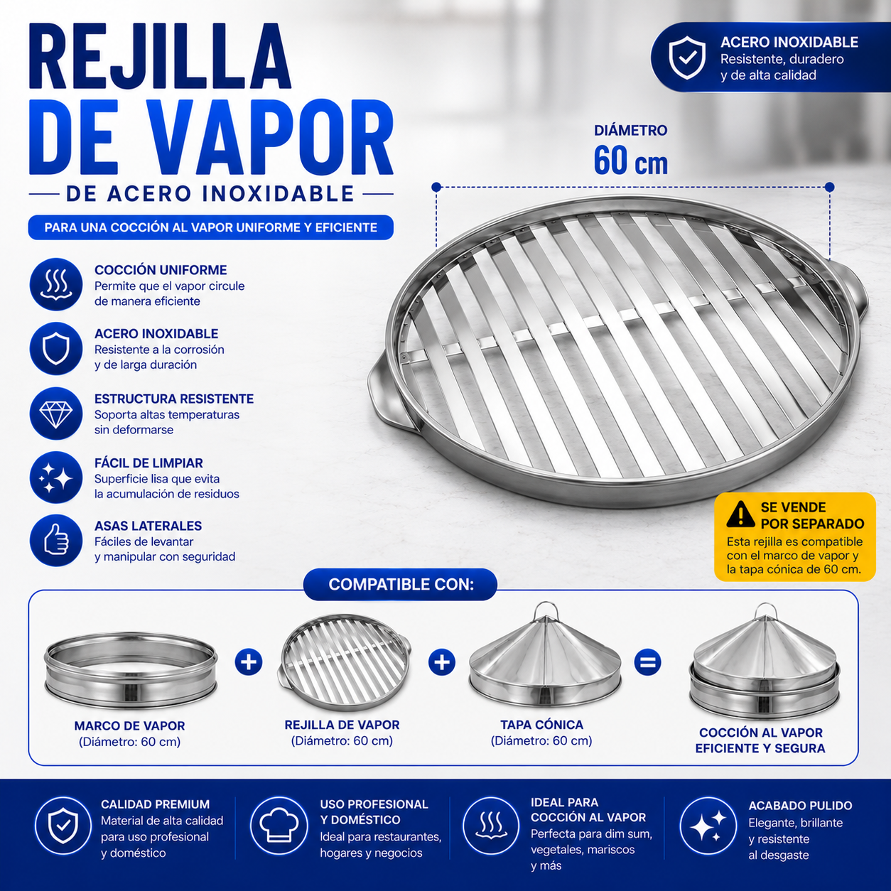 (LLEGANDO 30 DE SEPT) Rejilla de Vapor para Dim Sum de Acero Inoxidable 60cm con Asas | Dim Sam | 9006