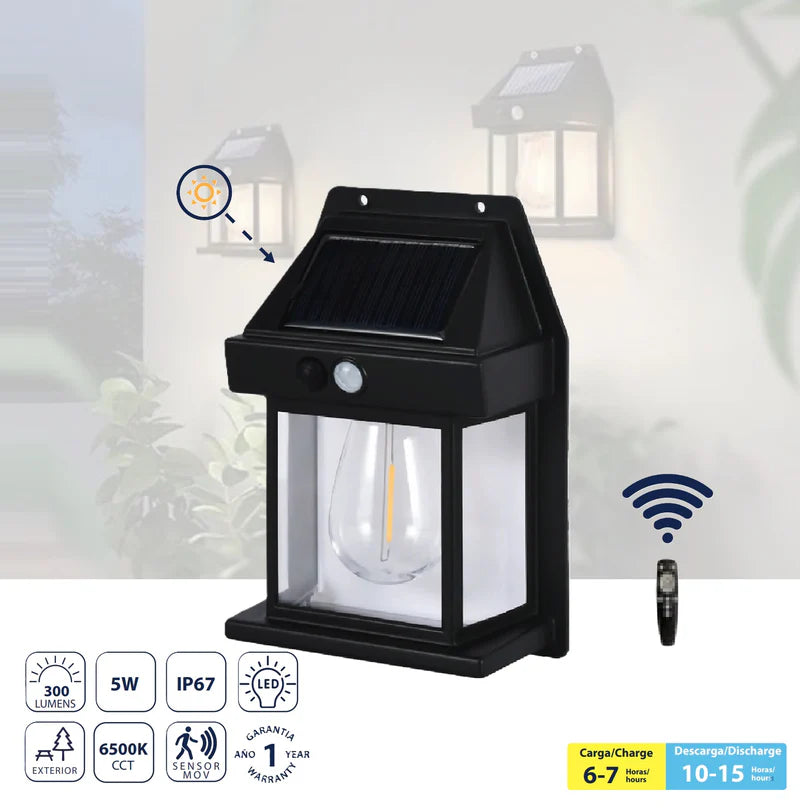 Lámpara De Pared Solar LED 5W 6500K 300 Lm, Sensor De Movimiento. 171X120x58mm . ABS. Lámpara Exterior Solar. CL077-SOL-02-3W-BK65K-Z