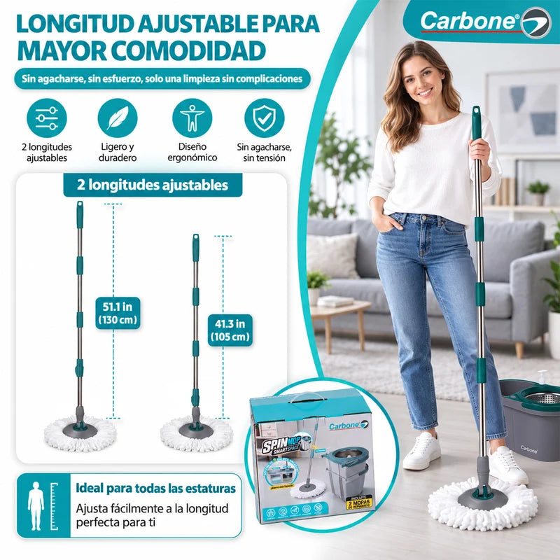 Trapeador Smart Space Spin Mop Giratorio 360° Con Sistema De 2 Baldes Apilables Para Agua Limpia Y Sucia. Fregona Con Mango Ajustable Y 2 Mopas. Carbone Clean Freak UN-C026