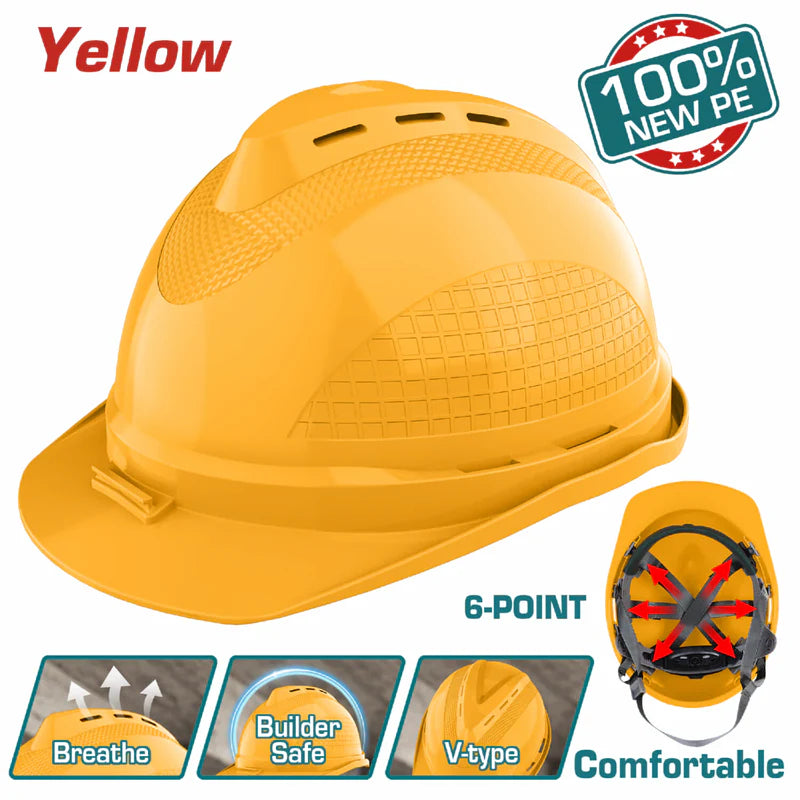 Casco De Seguridad Color Amarillo. 6 Puntos De Suspensión. Ajustable Con Perilla. Carcasa De PE Con Respiraderos. TSP8601