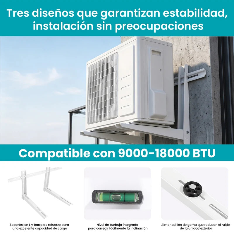 Soporte Bracket Para Aire Acondicionado 80X40x50cm De Hierro Compatible 12000–18000 BTU Y Espesor 1.8 Mm. Incluye Accesorios Y Almohadillas Antivibración. Color Blanco. AN95