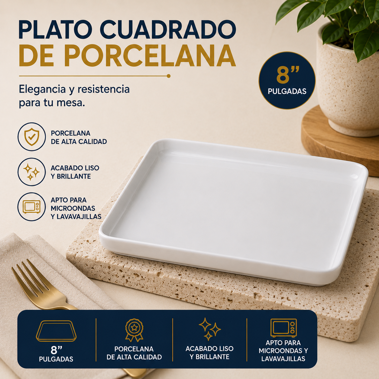Plato Cuadrado de Porcelana 8" – Calidad Hotelera y para Restaurante – 705-40092