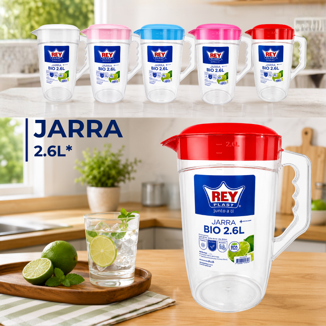 Jarra Plástica BIO 2.6 Litros con Tapa | Rey Plast JRX002400