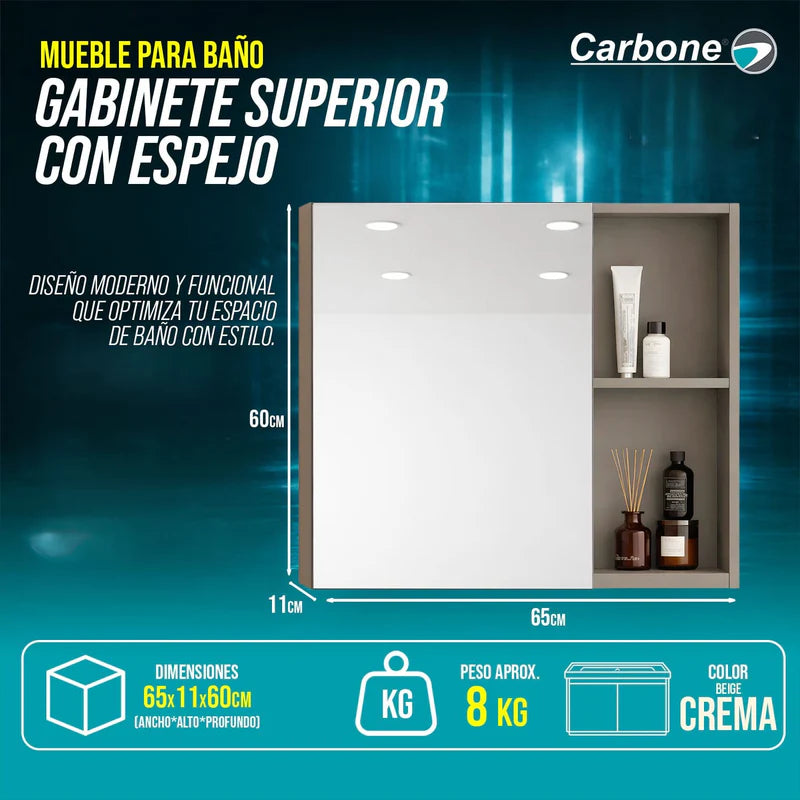 Gabinete Superior Para Baño Con Espejo 65×11×60 Cm Carbon Fiber Color Beige Crema GBS-MIR01