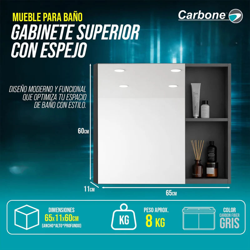 Gabinete Superior Para Baño Con Espejo 65×11×60 Cm Carbon Fiber Color Gris GBS-MIR02