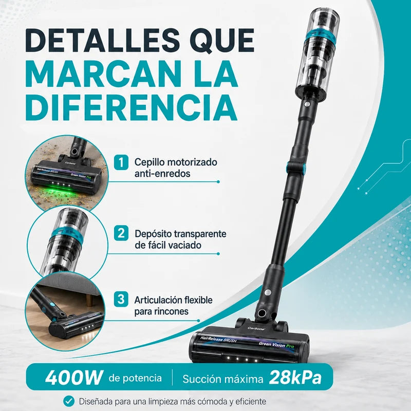 Aspiradora Inalámbrica Inteligente POTENTE 400W 28Kpa Recargable. Succión De Alta Potencia Con Filtro HEPA Y Cepillo Anti-Enredos Cabello Y Greenvisionpro Tech TSU342