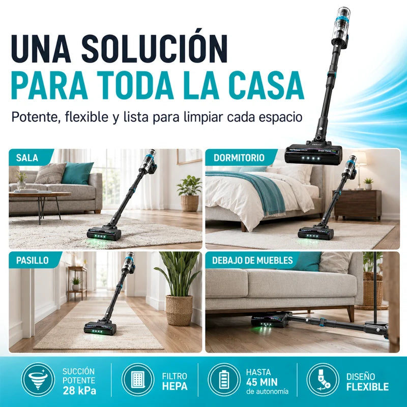 Aspiradora Inalámbrica Inteligente POTENTE 400W 28Kpa Recargable. Succión De Alta Potencia Con Filtro HEPA Y Cepillo Anti-Enredos Cabello Y Greenvisionpro Tech TSU342