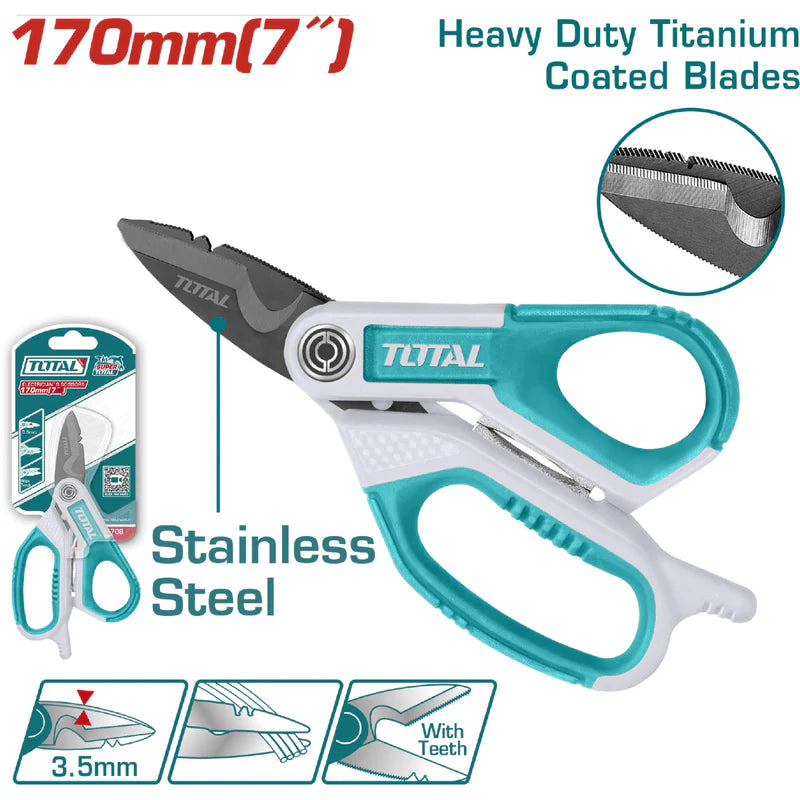 Tijera De Electricista 7" De Acero Inoxidable. Ancho De La Hoja: 3.5Mm Ergonómica. Pelacables. Total THES051708
