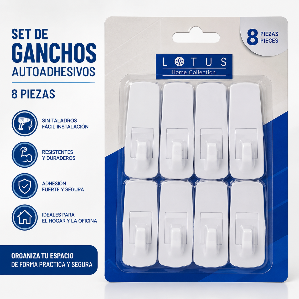 (LLEGANDO 3 DE JULIO) Set de 8 Colgadores Adhesivos Multiusos | Ganchos de Pared Resistentes para Hogar y Oficina 021-19410
