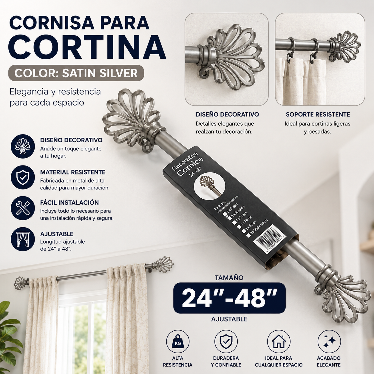 Cortinero de Metal 24x48" Satín Plateado ROD-C-313 Cortina. Cornisa.