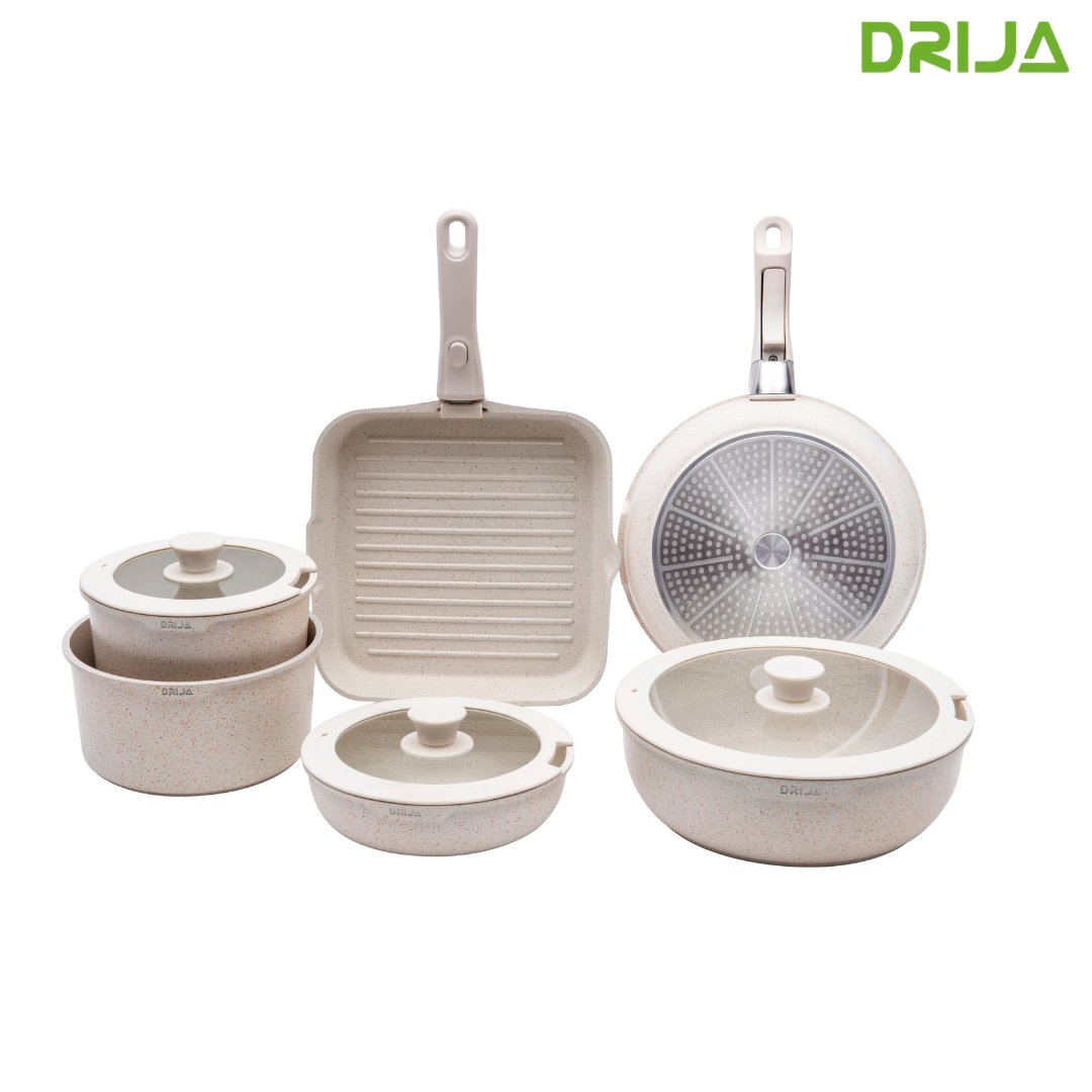 Juego de Ollas y Sartenes 19 Piezas Antiadherente Beige Compatible con Estufa de Inducción Drija BUCATINI 19-S