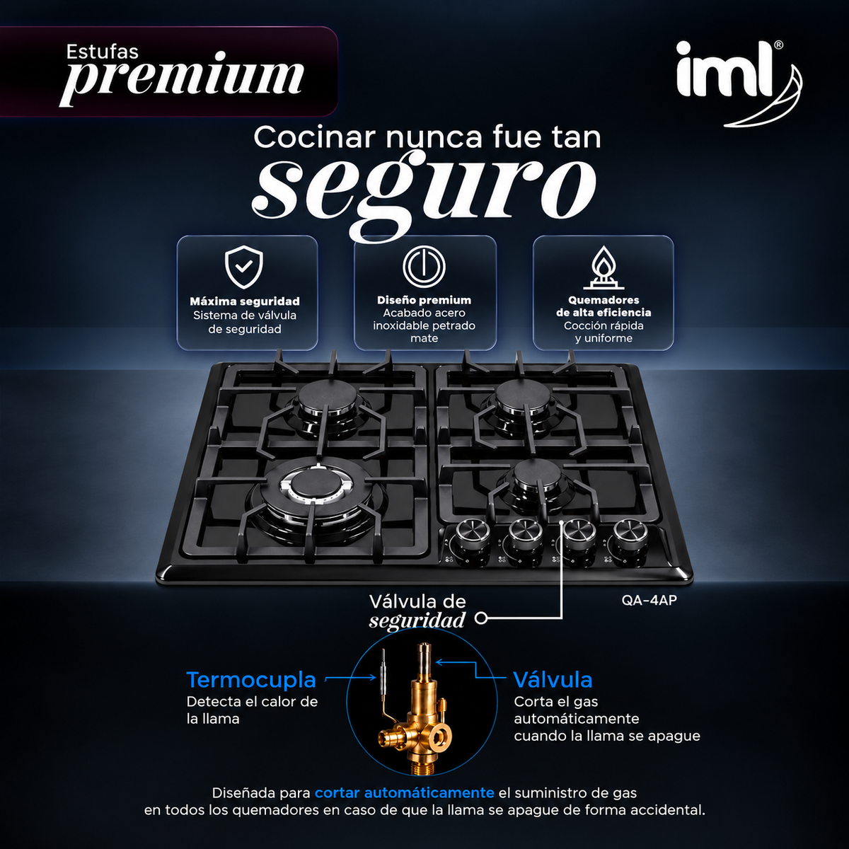 Estufa Empotrable a Gas Premium IML de 4 Quemadores con Válvula de Seguridad Acero Negro Mate QA-4AP