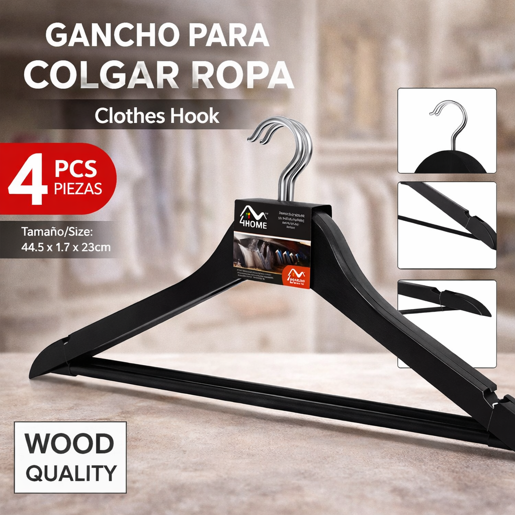 Set 4 Percha de Madera para Ropa con Barra Inferior 44.5x1.2x23cm Home M03-HM-W07 Gancho. Home