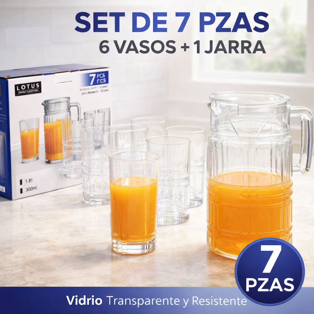 Set de Jarra y Vasos 7 Piezas de Vidrio 13oz Lotus LHC-BH1009C Selecto