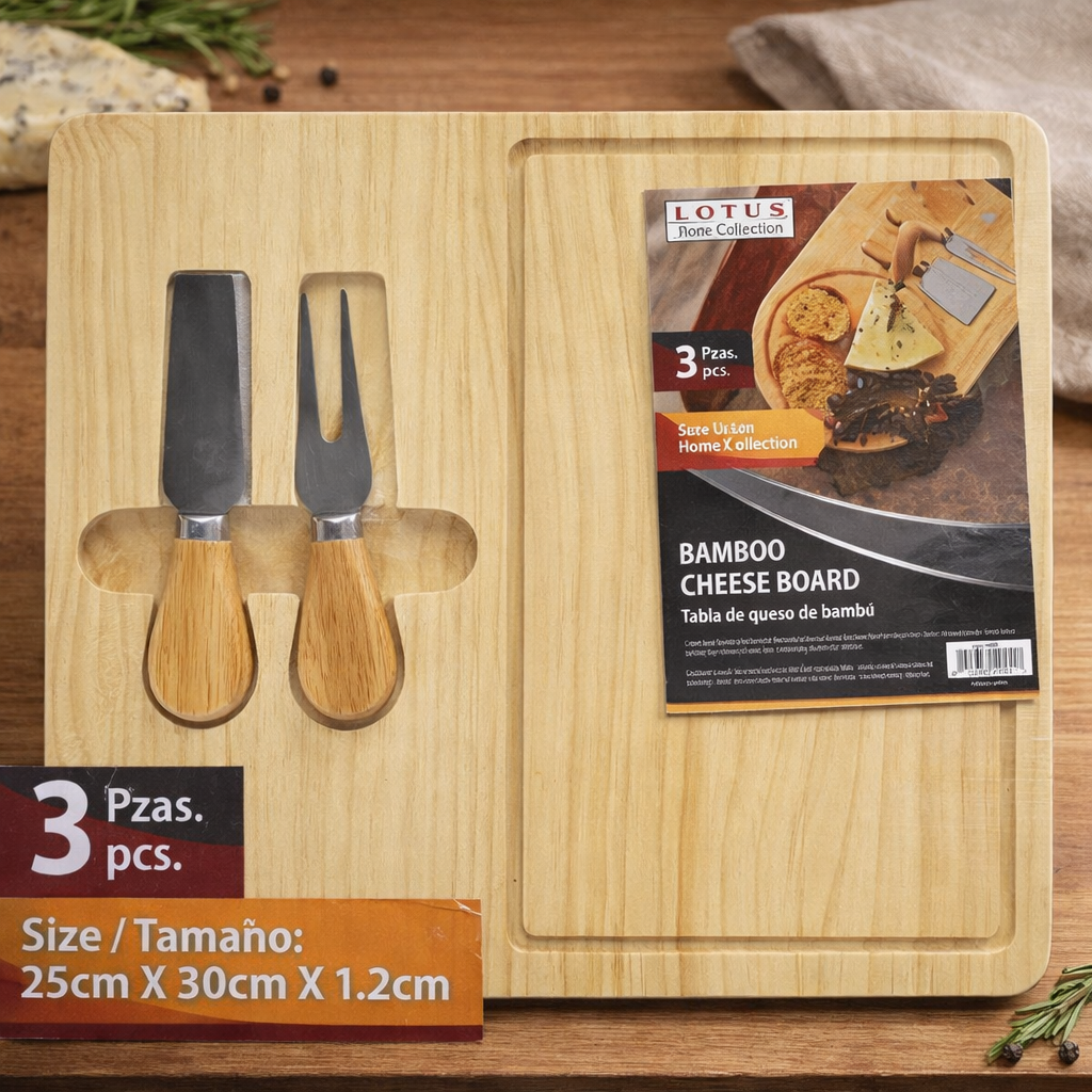 (LLEGANDO 27 DE MARZO) Tabla con Cuchillo para Queso de Bambú 25x30x1.2cm Lotus BP-2223 Charcutería.